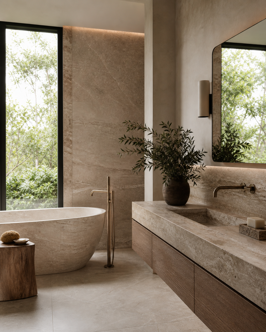 Custom natural stone bath project with freestanding stone bathtub in a refined interior