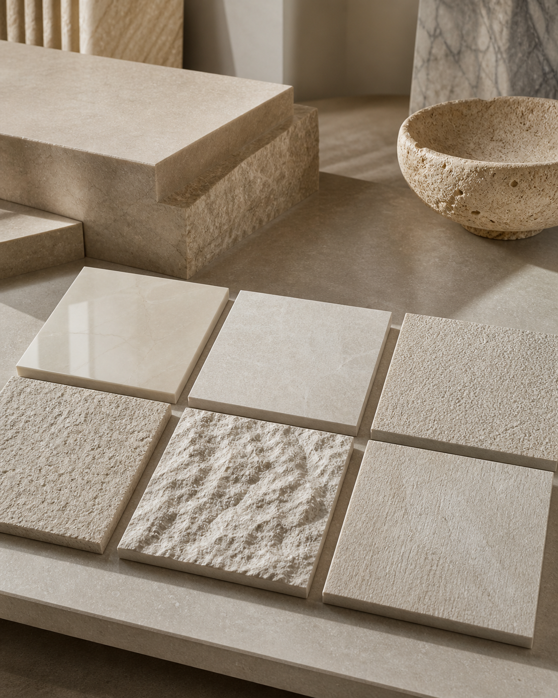 Natural stone finish samples showing different textures and surface treatments