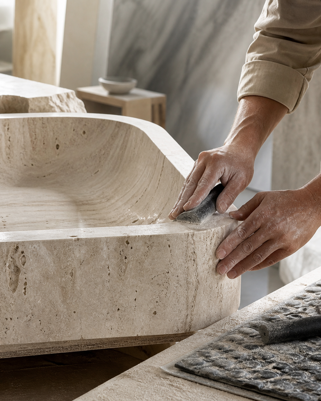 Handcrafting a natural stone piece during the process from raw block to finished form