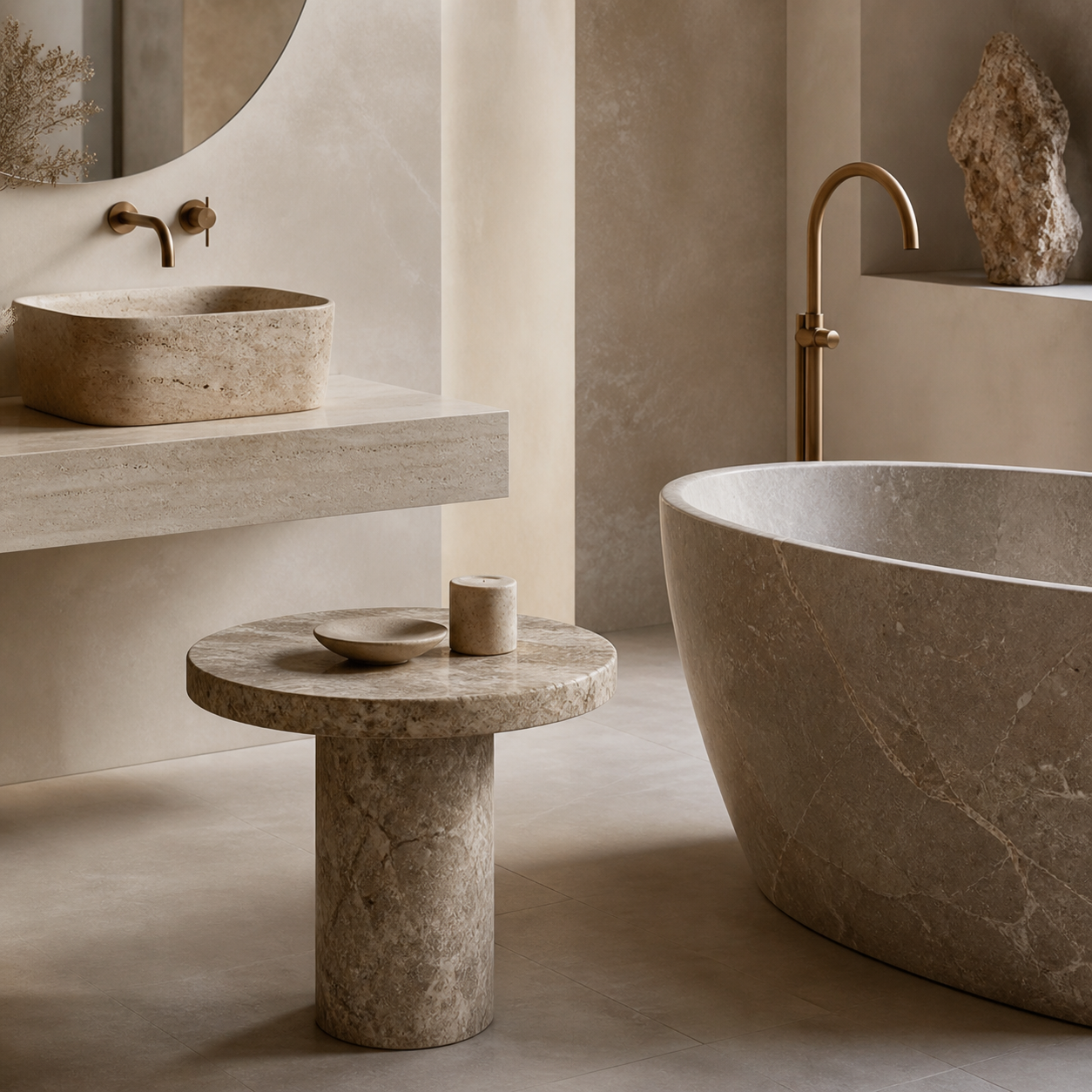 Natural stone side table and freestanding stone bathtub styled in a calm architectural interior