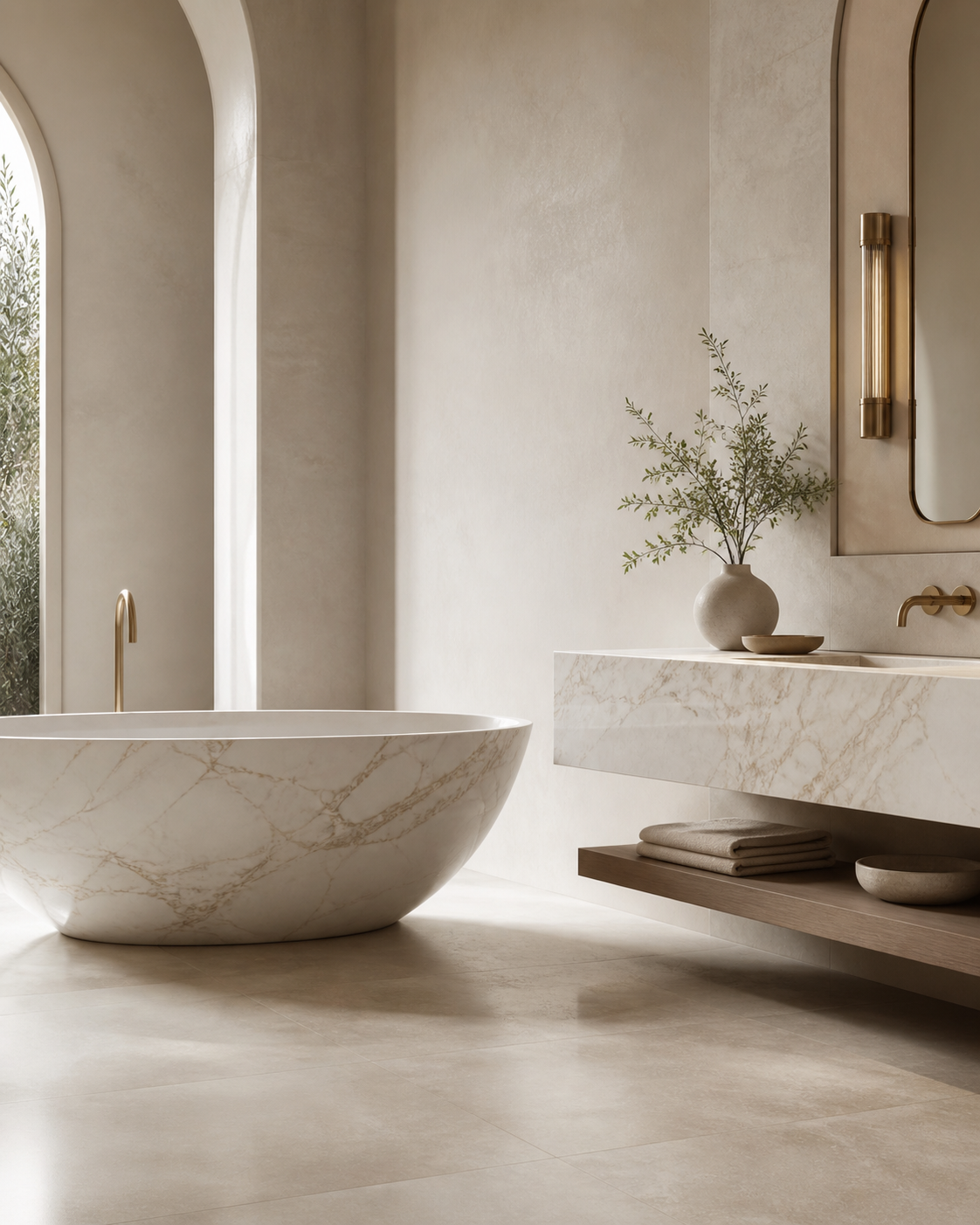 Marble bathroom interior featuring a sculptural stone bath piece and calm natural tones