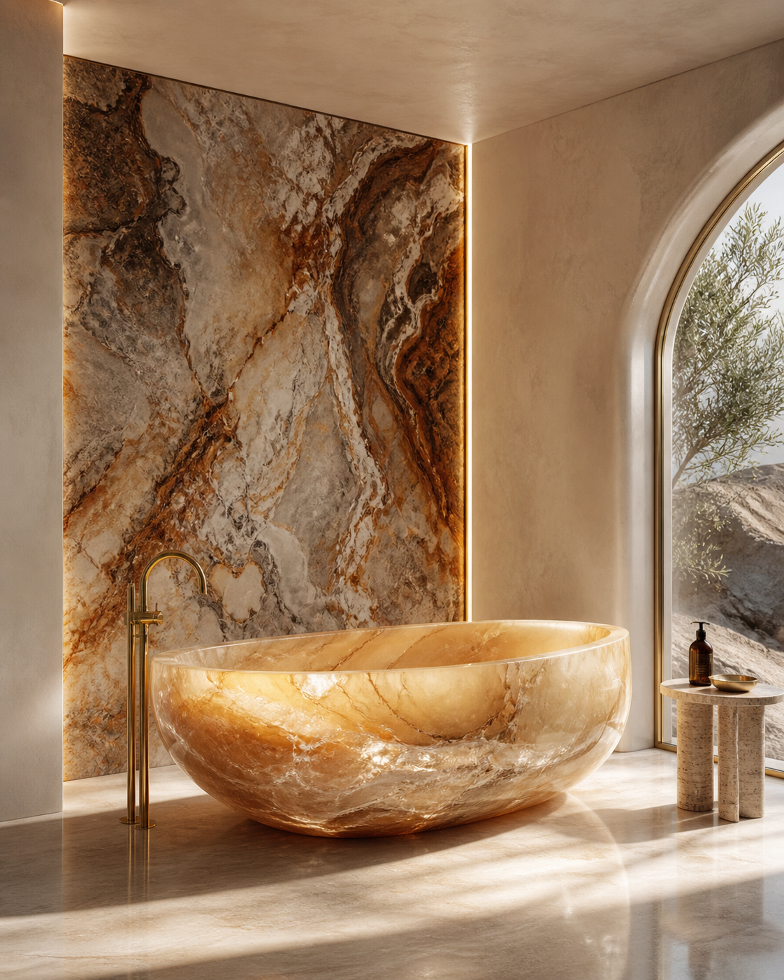 Onyx stone bath feature with rich natural veining and warm translucent character