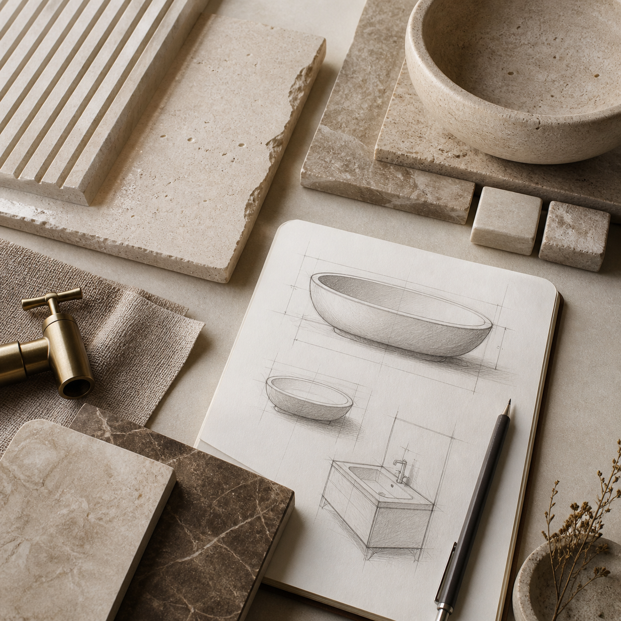 Natural stone project board with sketches and materials for homes hospitality and custom projects