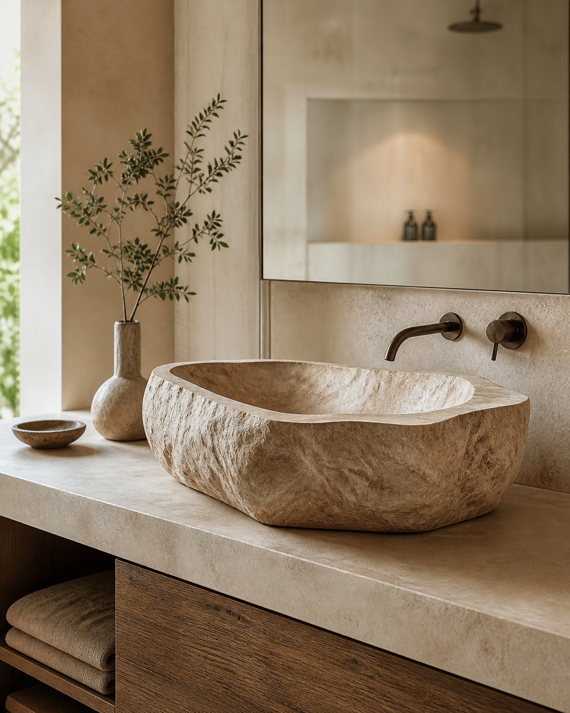 Natural stone coffee table in a calm architectural living space