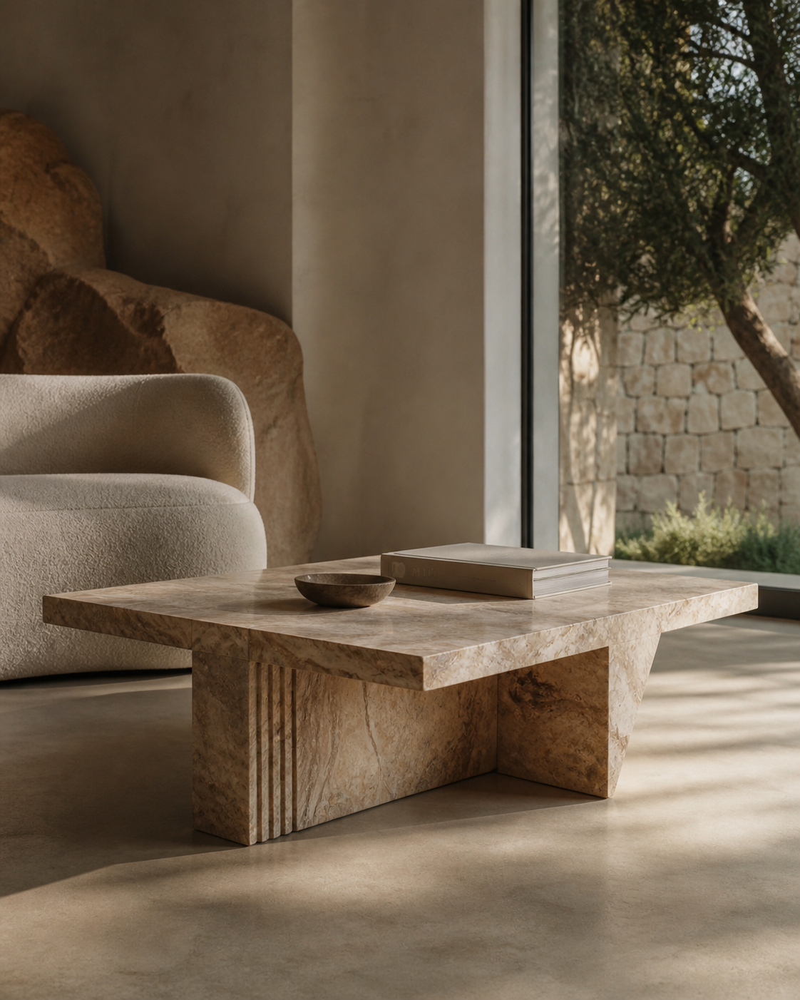Natural stone coffee table in a calm architectural living space