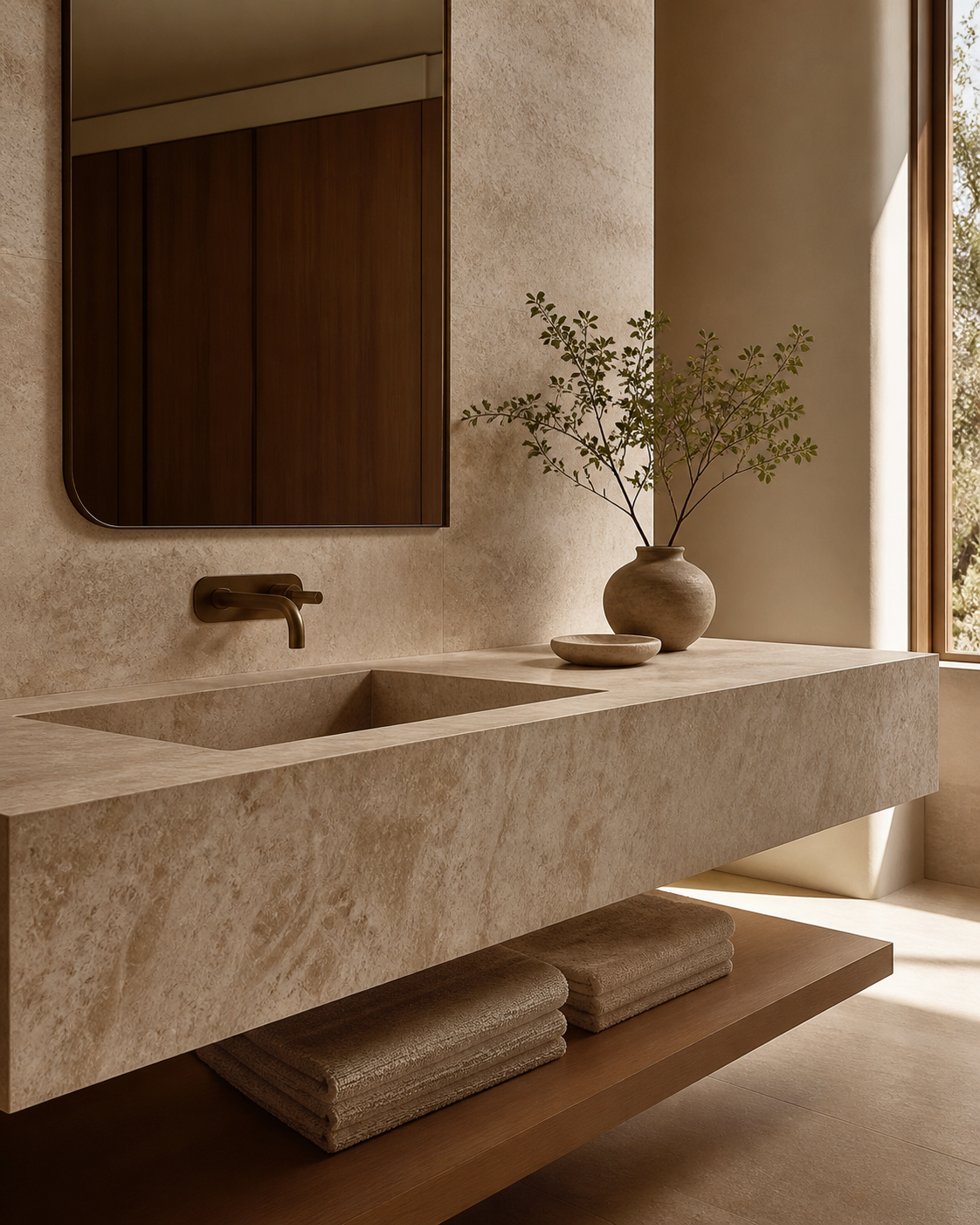 Integrated natural stone vanity with sink in a warm minimalist bathroom