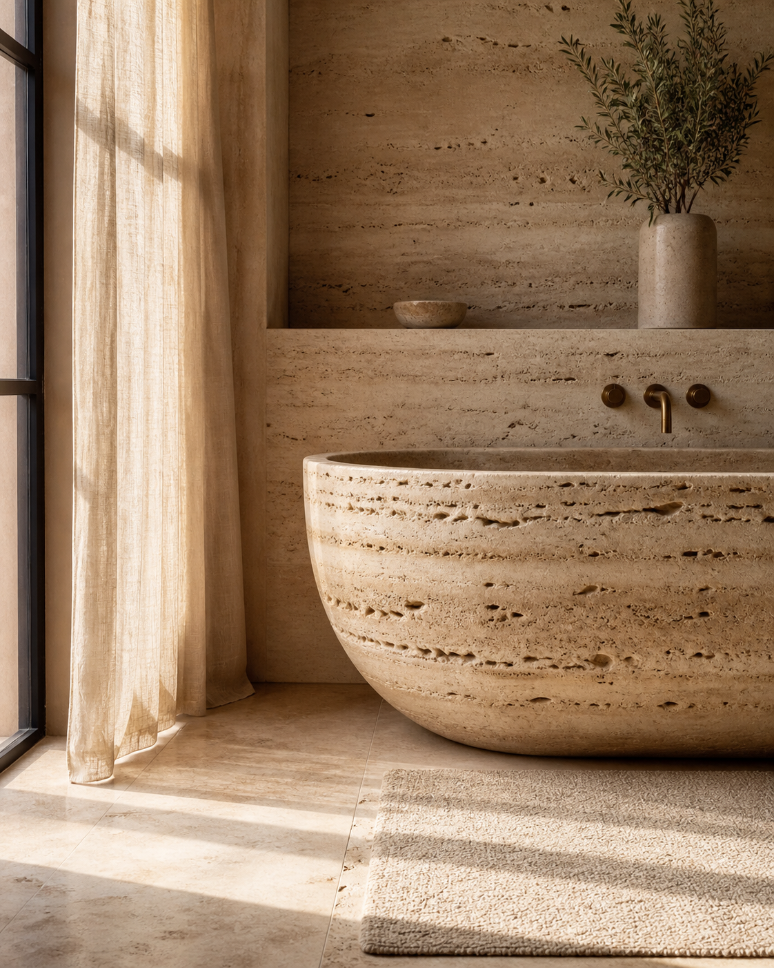 Travertine stone basin in a warm bathroom interior with soft natural light