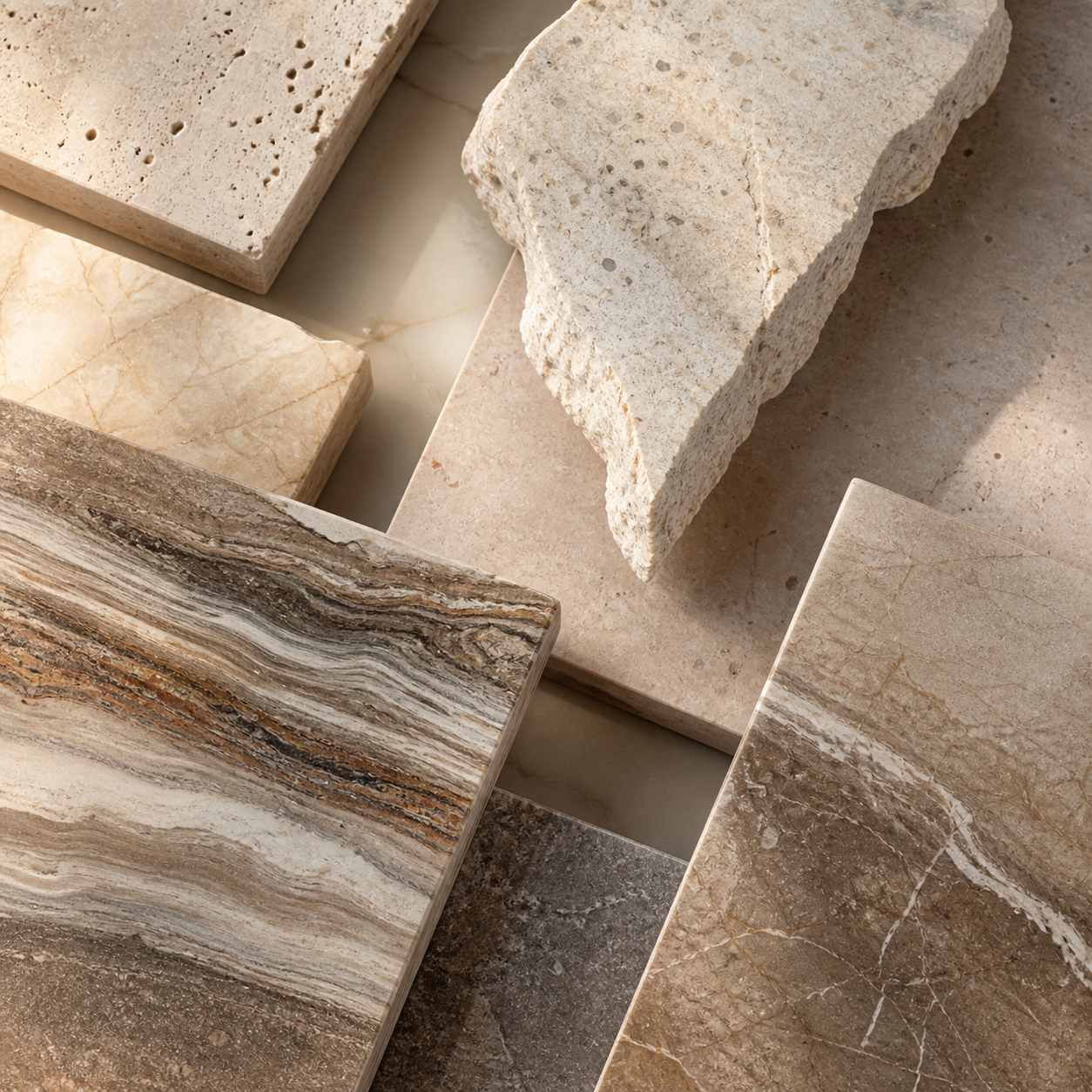 Natural stone texture and finish samples showing variation in tone, grain, and character