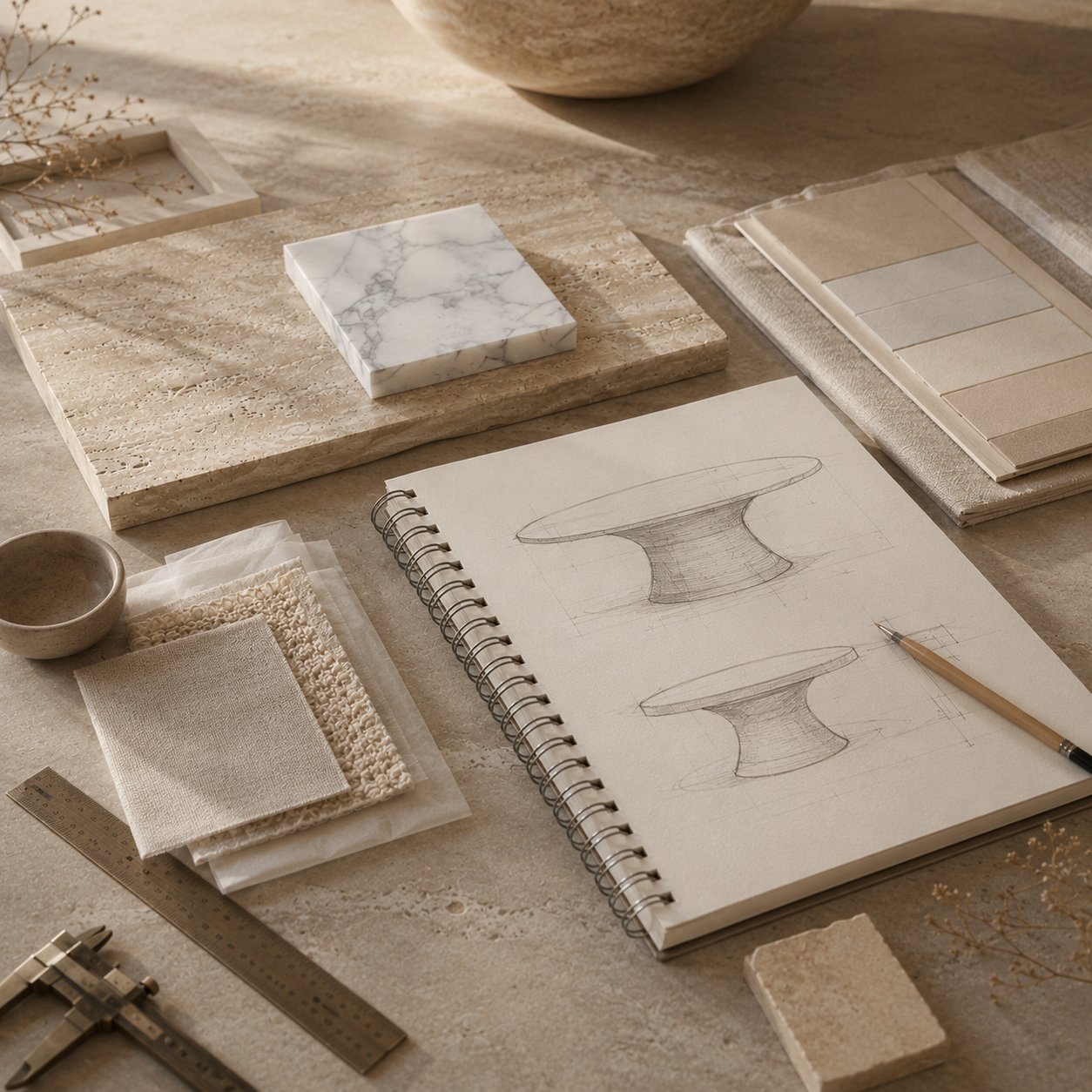 Stone table custom quote inspiration with material samples, sketches, and design planning board
