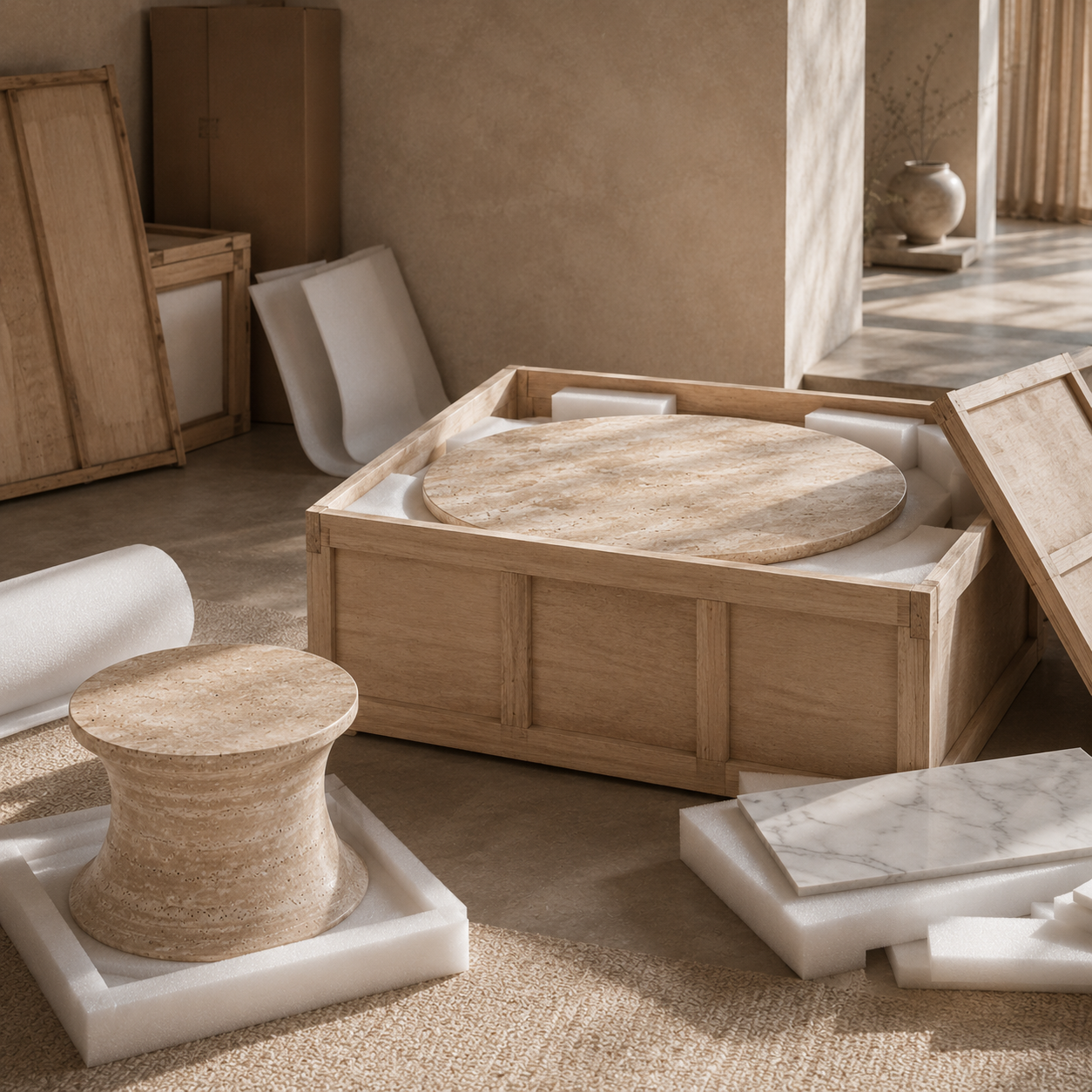 Stone table delivery and project support concept with packaging and product preparation scene
