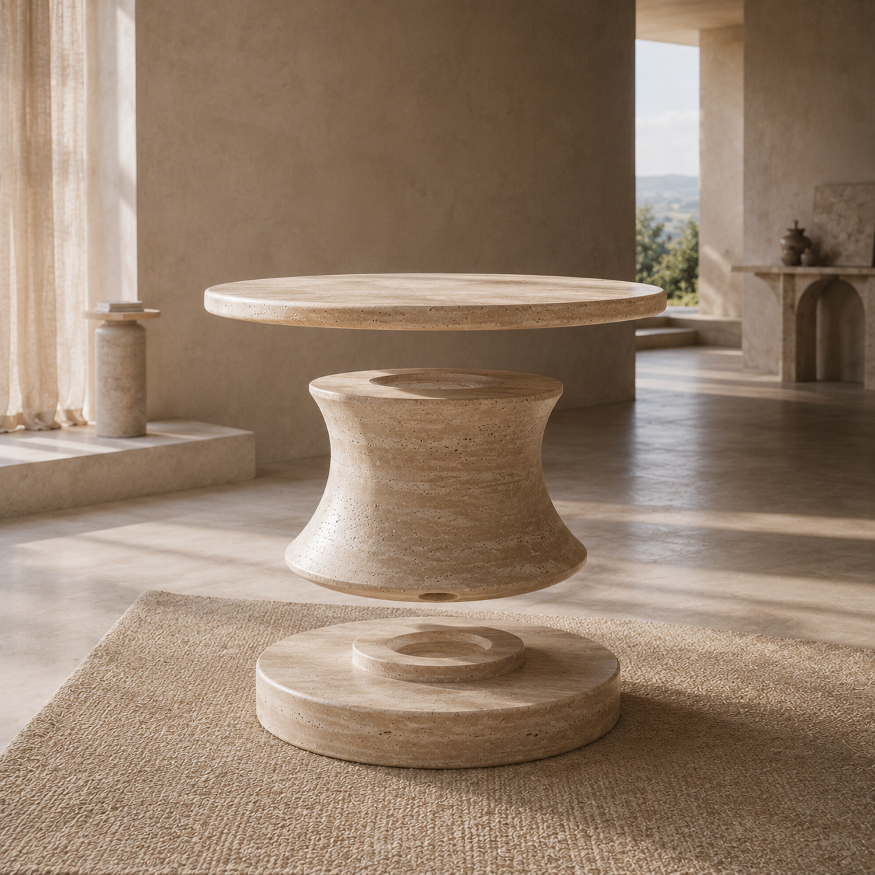 Natural stone table in a refined minimalist interior, showing versatile placement for different rooms