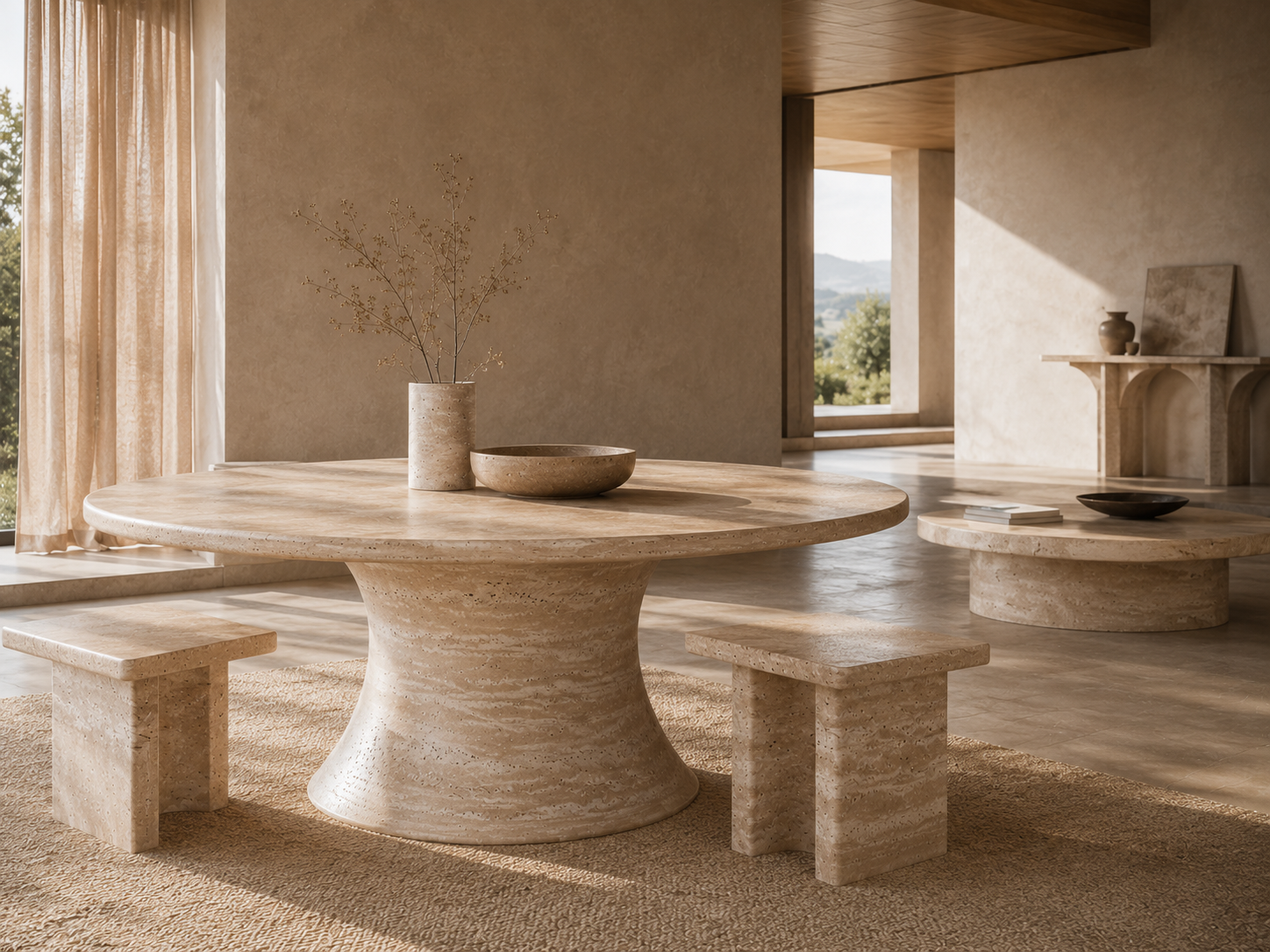 Natural stone table materials and finishes styled in a warm architectural interior
