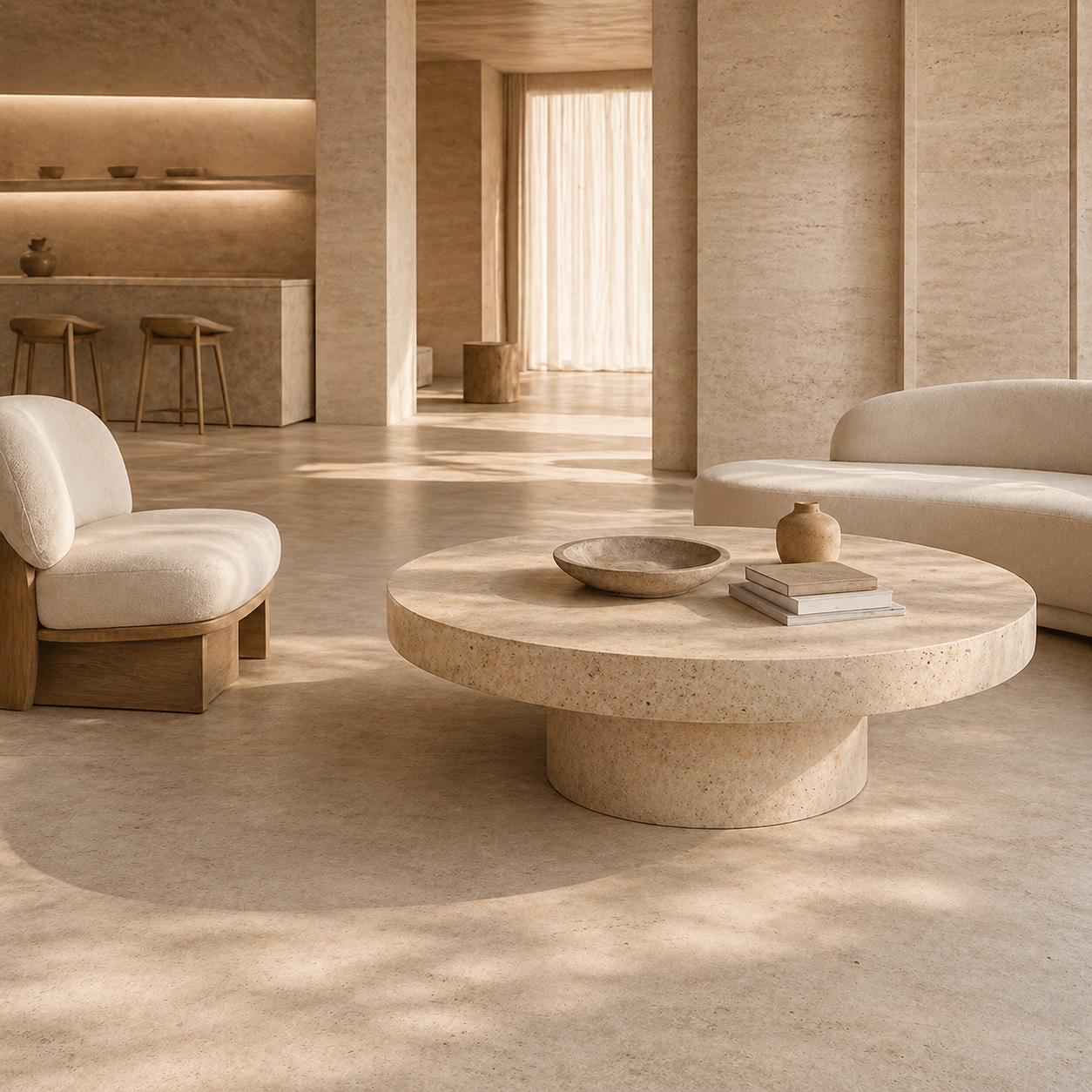 OIXDESIGN stone tables and furniture for hospitality lounge and dining interiors