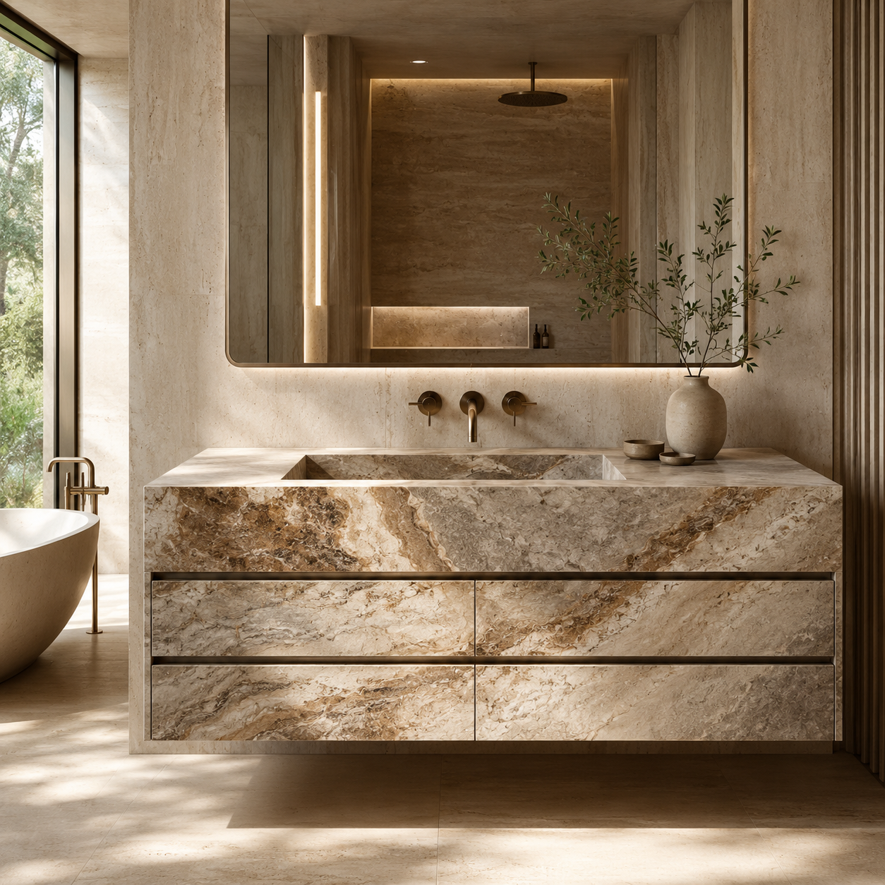 Custom stone vanities with integrated sink and storage options for complete bathroom project solutions by OIXDESIGN.