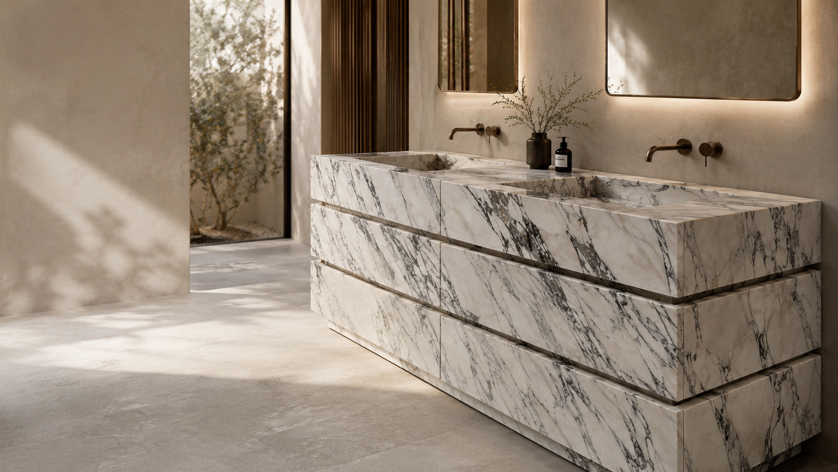 Luxury bathroom with an integrated Carrara marble stone vanity and double sink in warm natural light