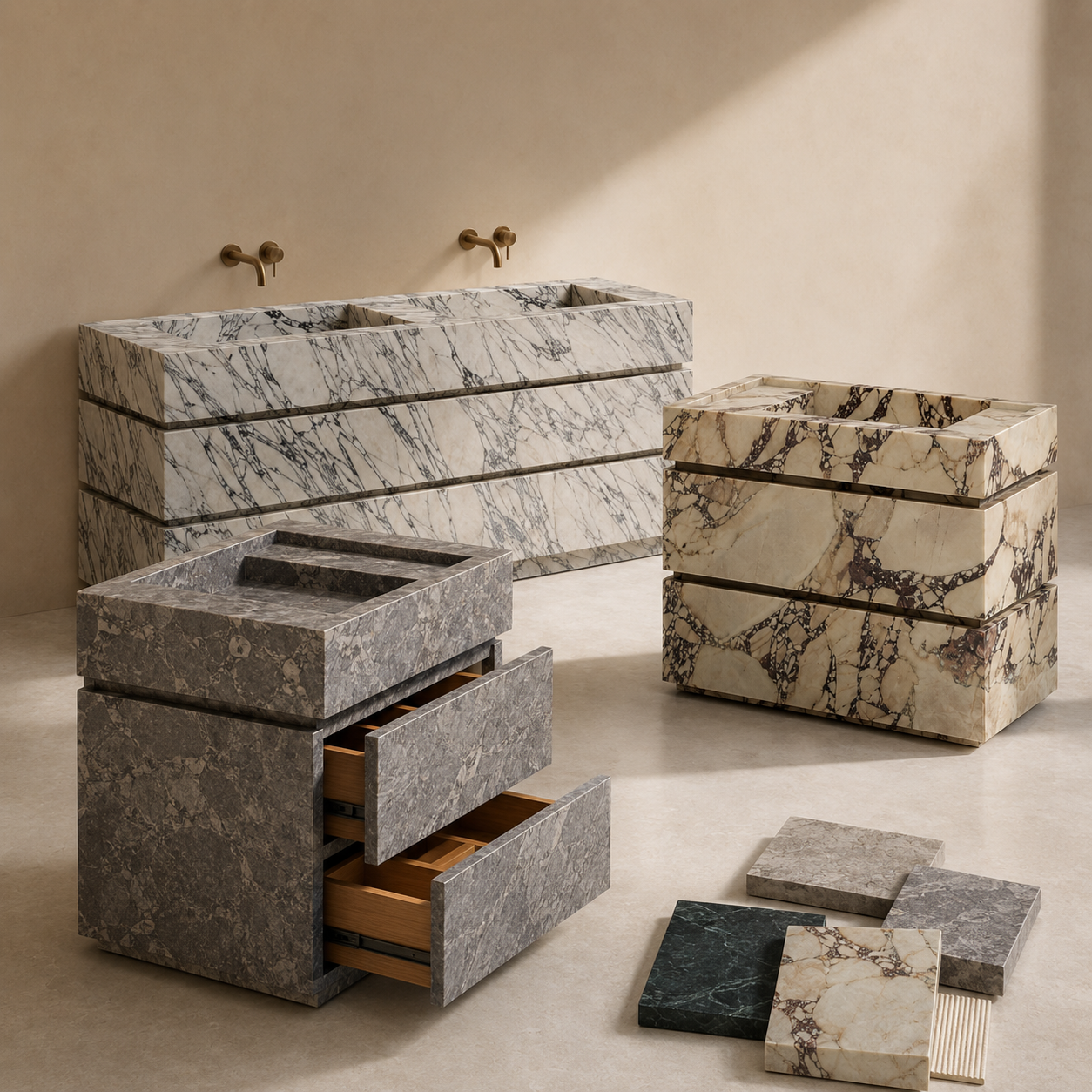 Custom natural stone vanity concept with elegant marble surfaces and brass fixtures, showcasing personalized design options and premium bathroom styling by OIXDESIGN.