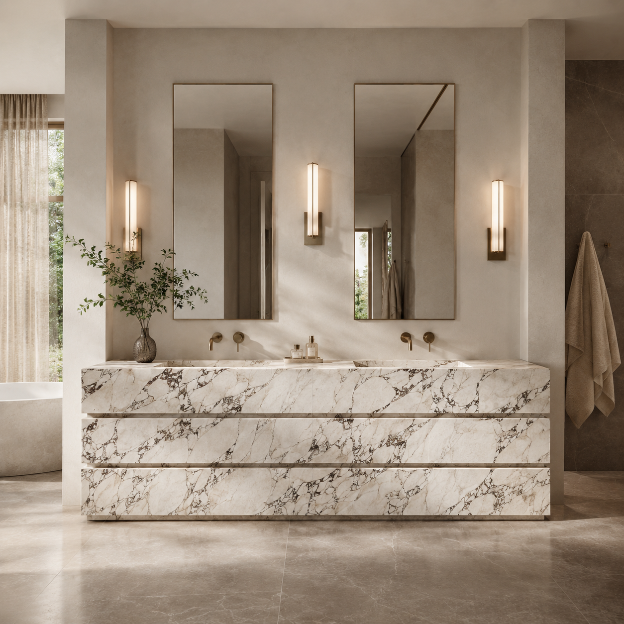 Minimalist bathroom with a luxury stone vanity and soft marble accents, styled to show a calm and elegant everyday living space by OIXDESIGN.