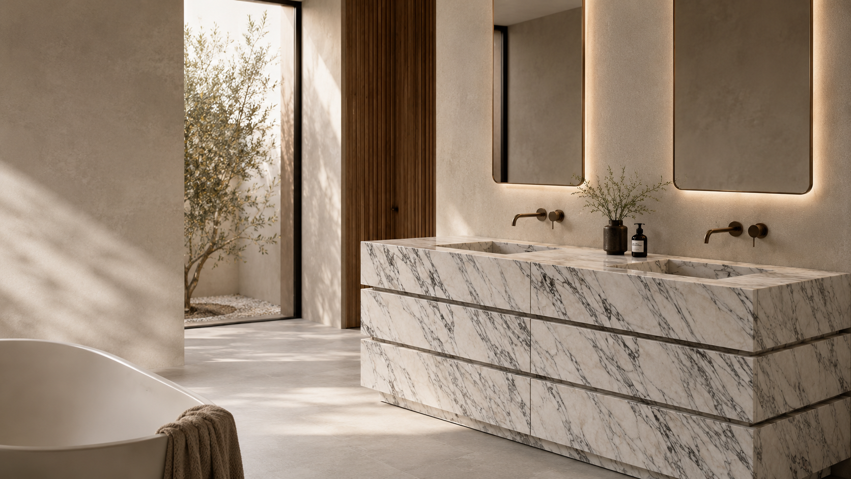 Luxury bathroom with a natural stone vanity and warm minimalist interior by OIXDESIGN