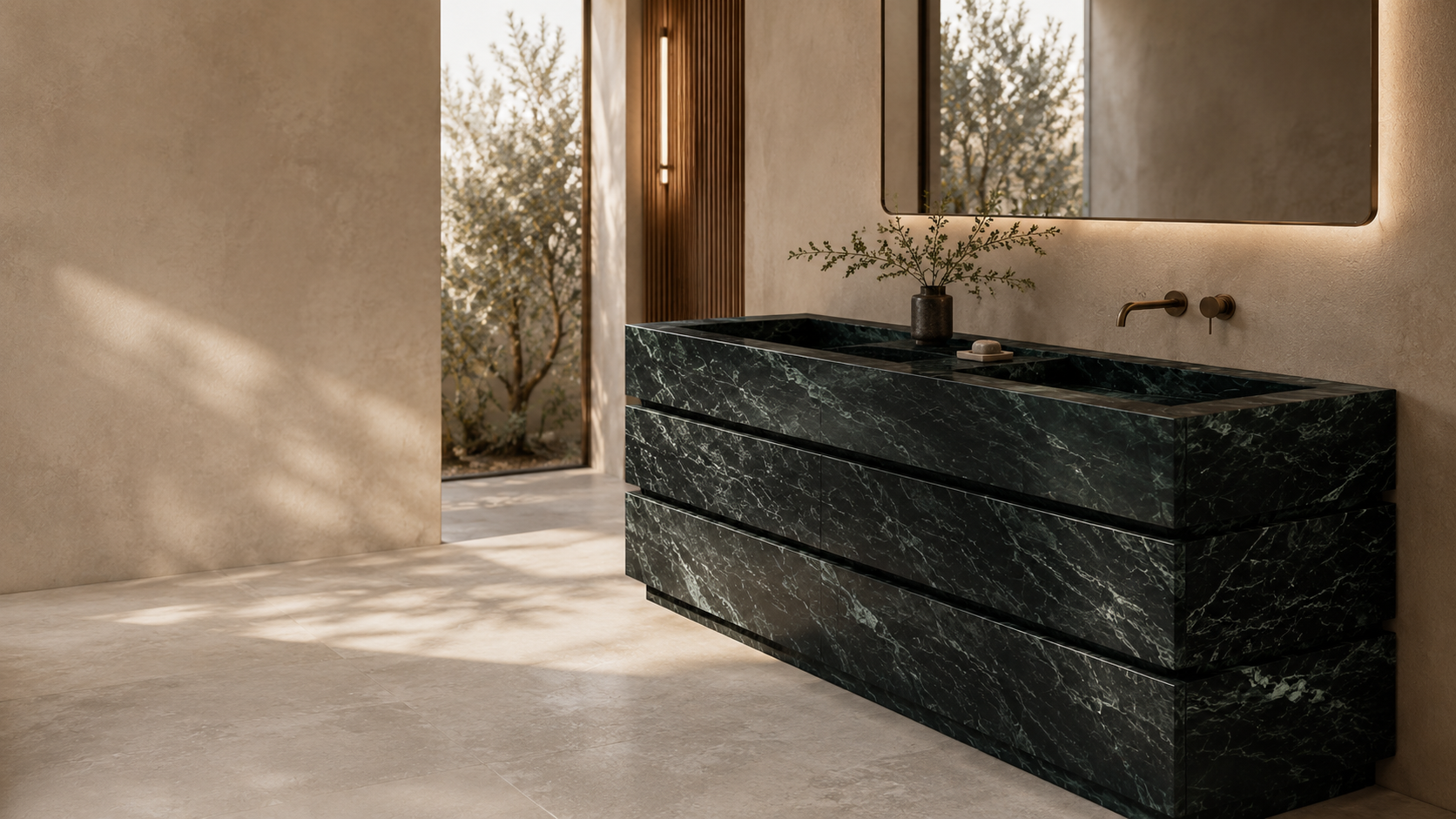 Refined bathroom interior featuring a sculptural stone vanity by OIXDESIGN