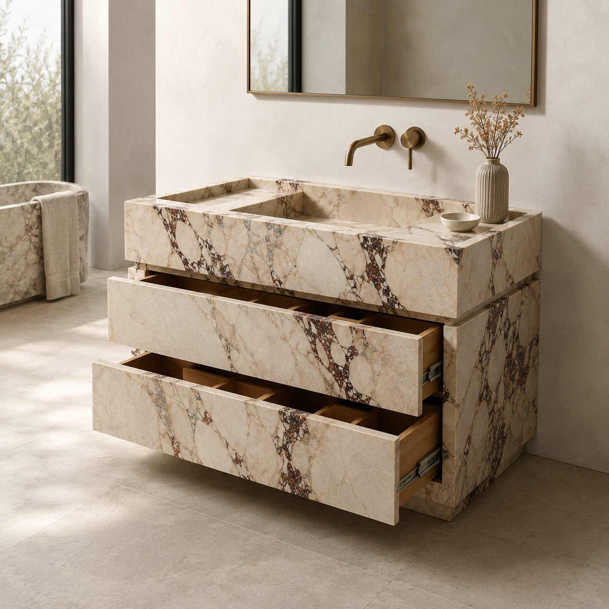Luxury natural stone vanity in a refined bathroom interior, highlighting sculptural design, integrated storage, and premium marble craftsmanship by OIXDESIGN.
