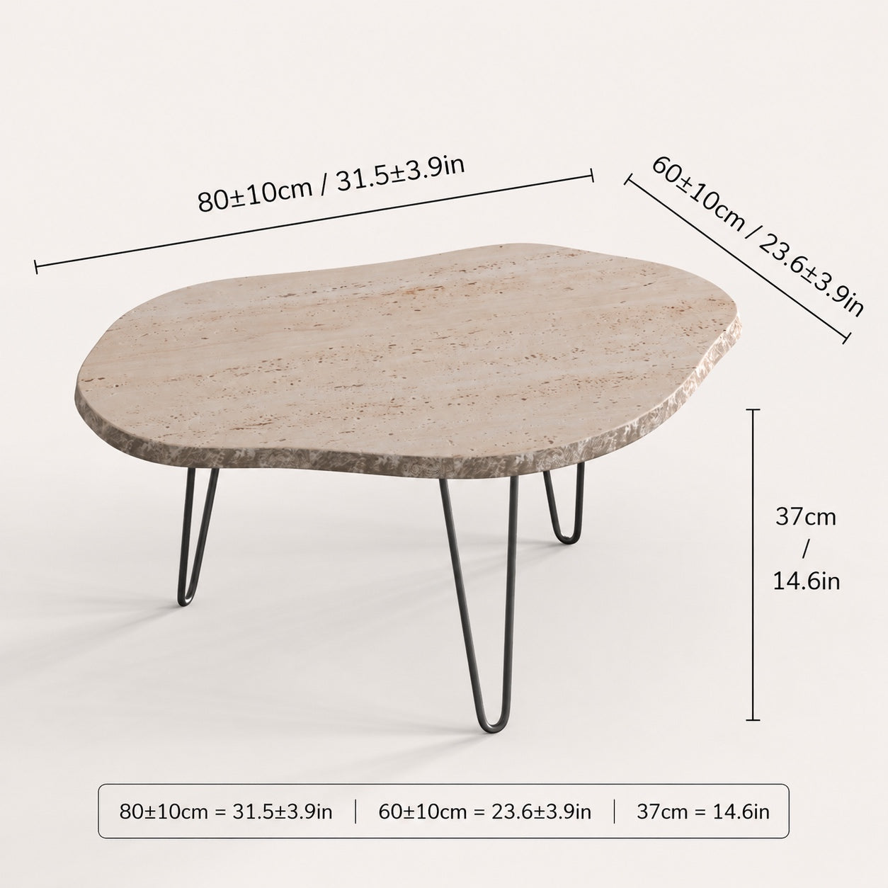 OIXDESIGN StoneMist travertine coffee table size and dimensions in cm and inches