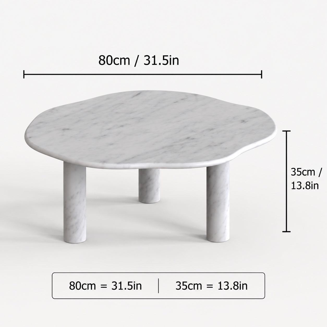 OIXDESIGN SunAura Carrara white marble coffee table size and dimensions in cm and inches