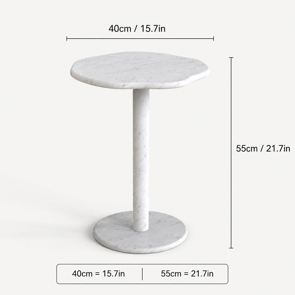 OIXDESIGN SunAura round Carrara white marble side table size and dimensions in cm and inches