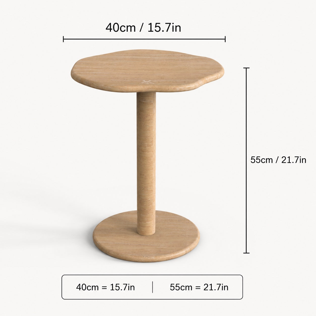 OIXDESIGN SunAura round travertine side table size and dimensions in cm and inches