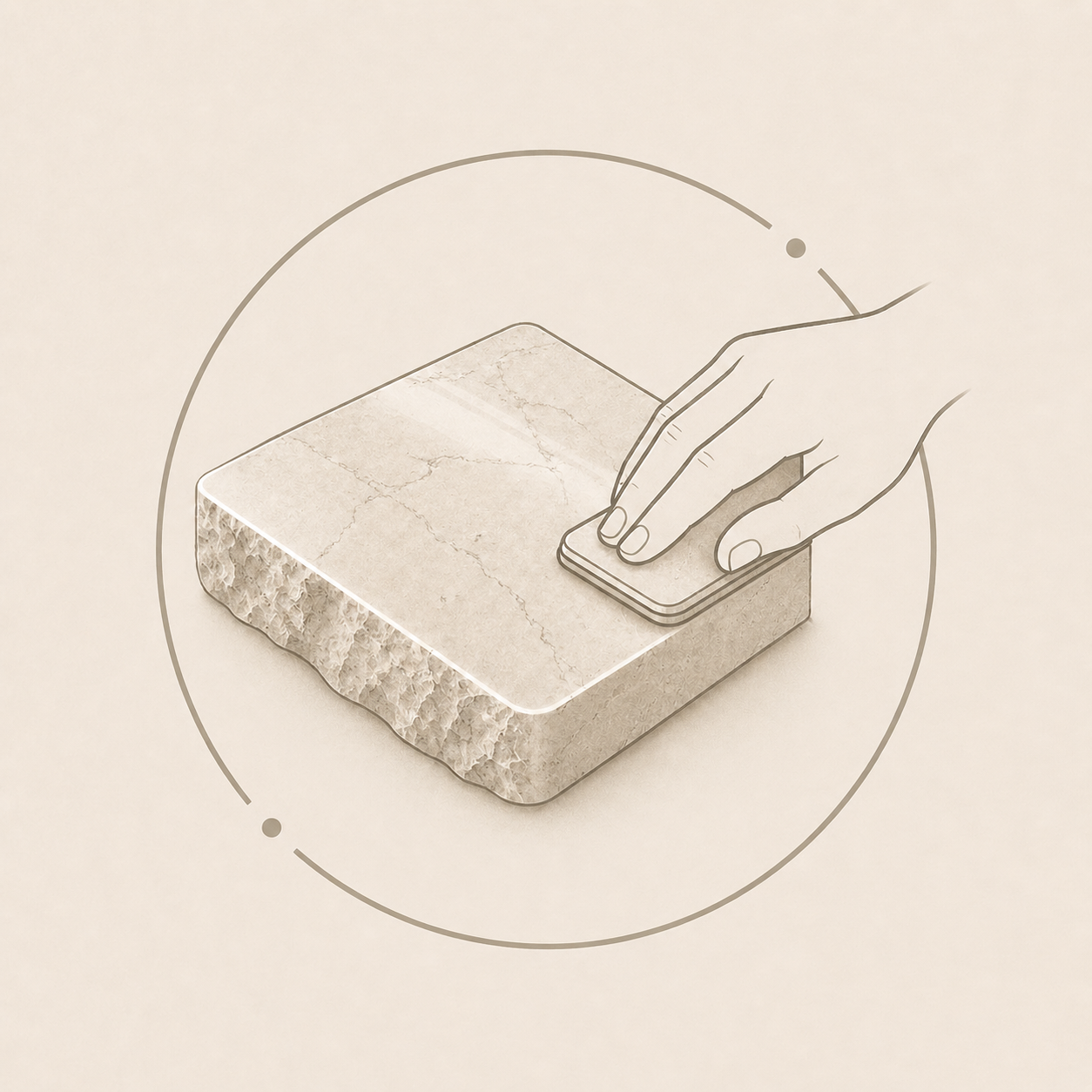 Minimal icon of a hand polishing a natural stone slab representing surface refinement at OIXDESIGN