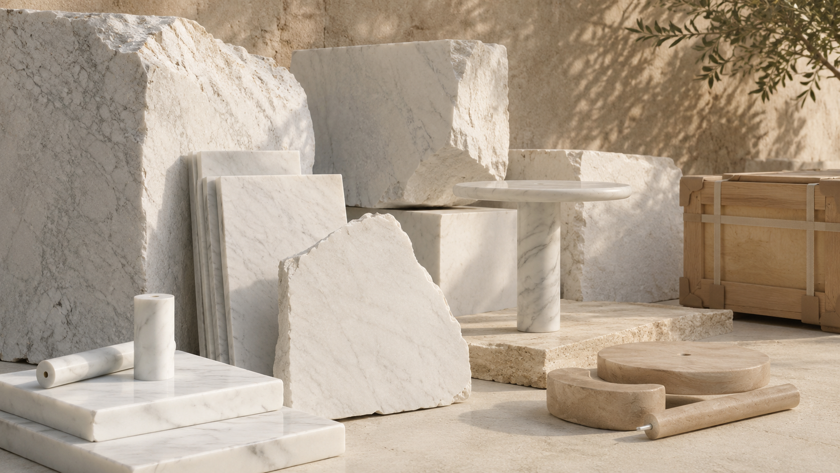 Natural stone pieces and sculptural stone forms styled in a warm minimalist setting for OIXDESIGN sustainability page hero banner