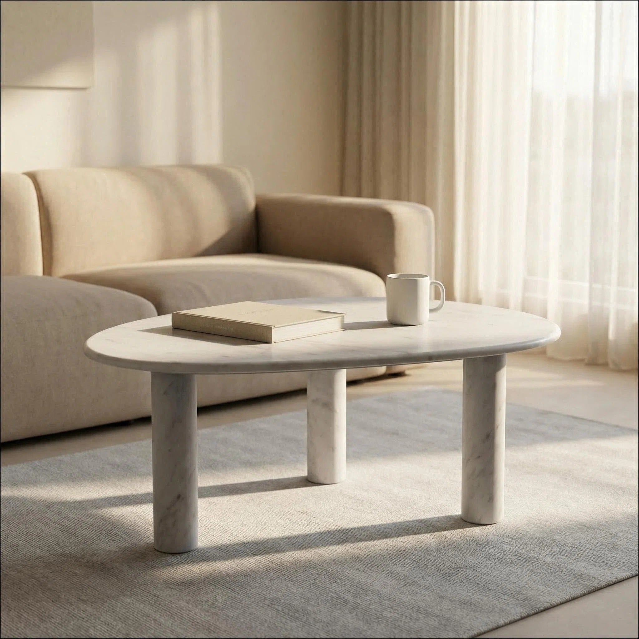 SwanEgg Oval Carrara White Marble Coffee Table