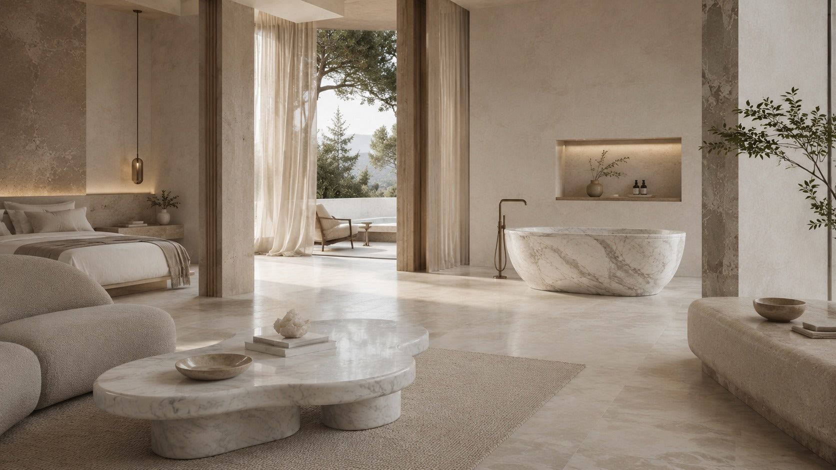 Sculptural stone coffee table in a serene minimalist living room by OIXDESIGN