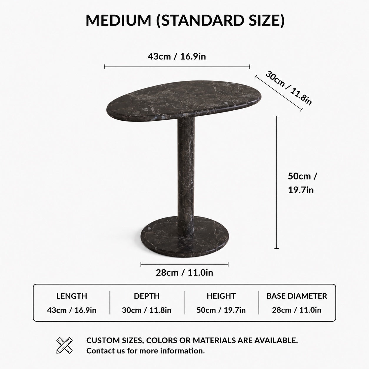 OIXDESIGN SwanEgg black marble side table standard and custom size dimensions in cm and inches