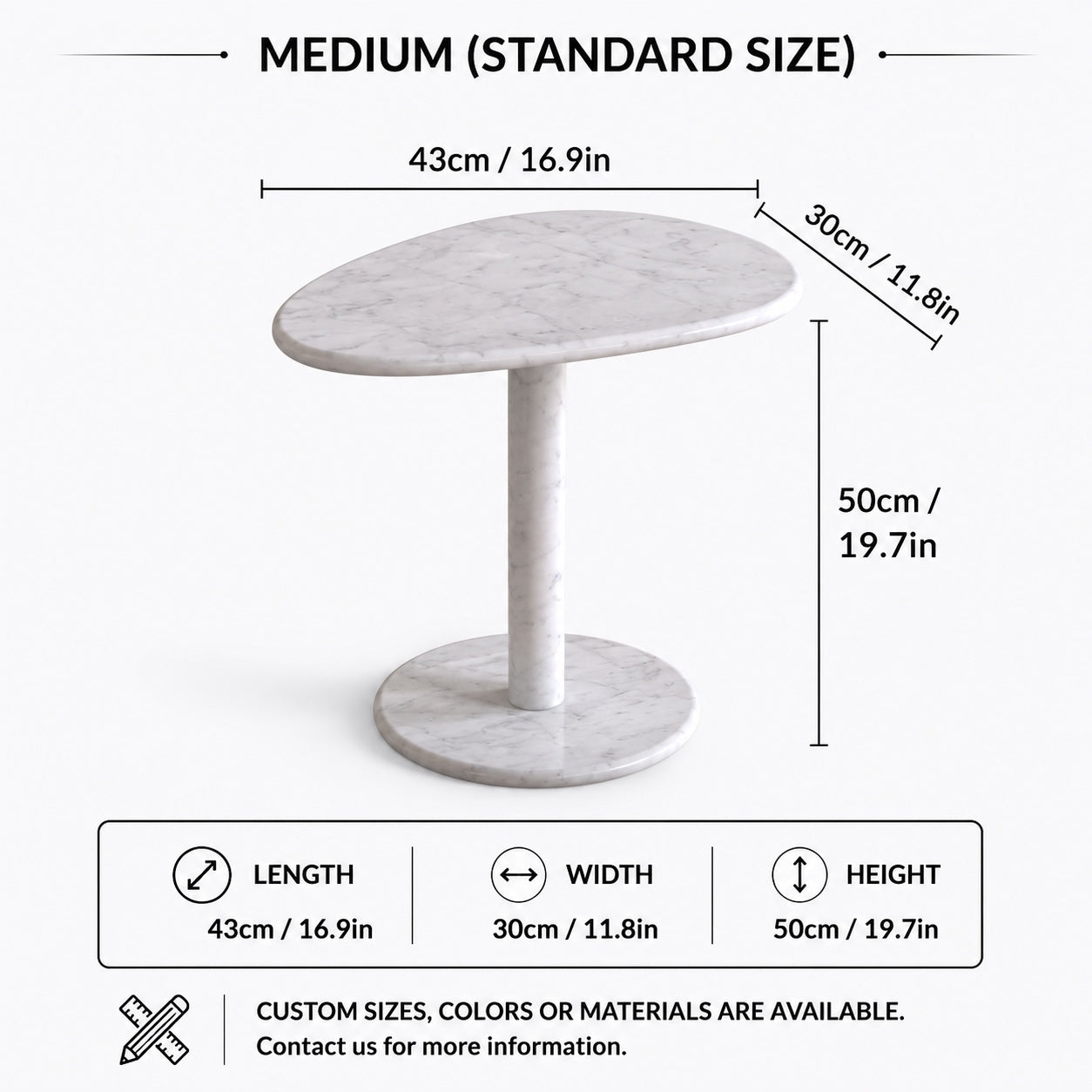OIXDESIGN SwanEgg Carrara white marble side table standard and custom size dimensions in cm and inches