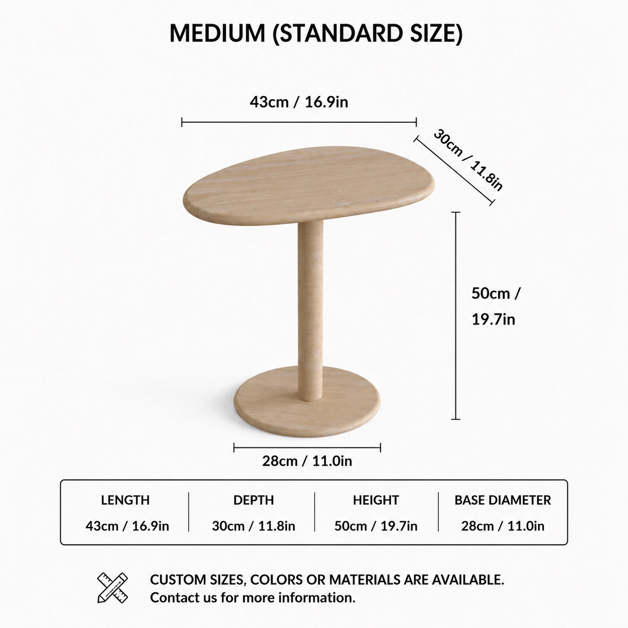 OIXDESIGN SwanEgg travertine side table standard and custom size dimensions in cm and inches