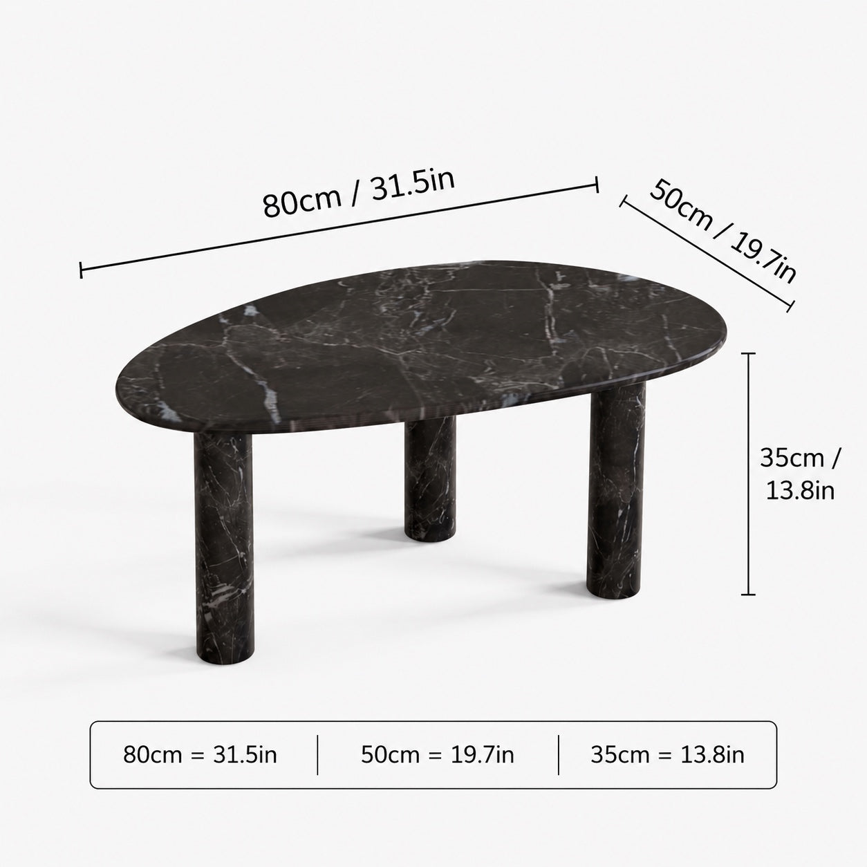OIXDESIGN SwanEgg black marble coffee table size and dimensions in cm and inches
