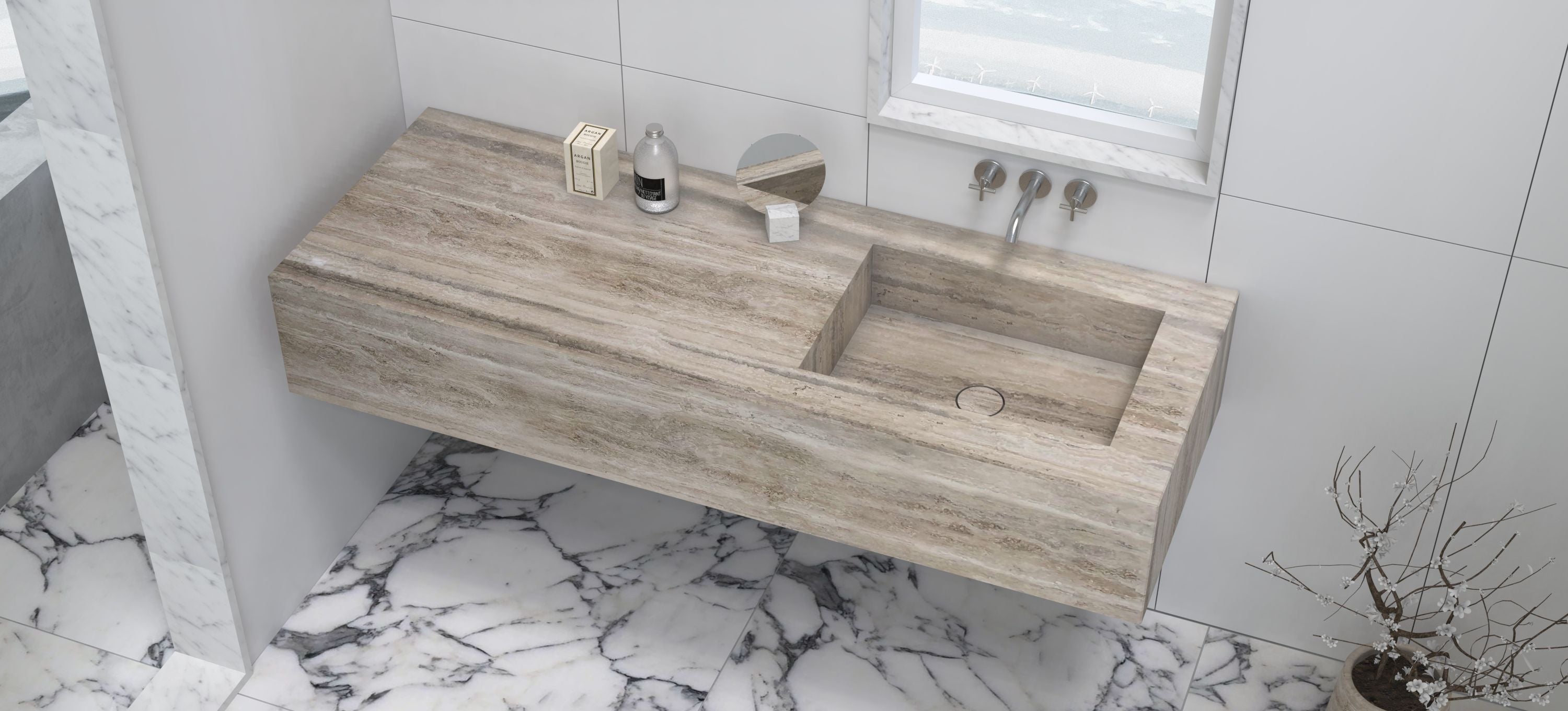 Talia Integrated Travertino Argento Trough Sink