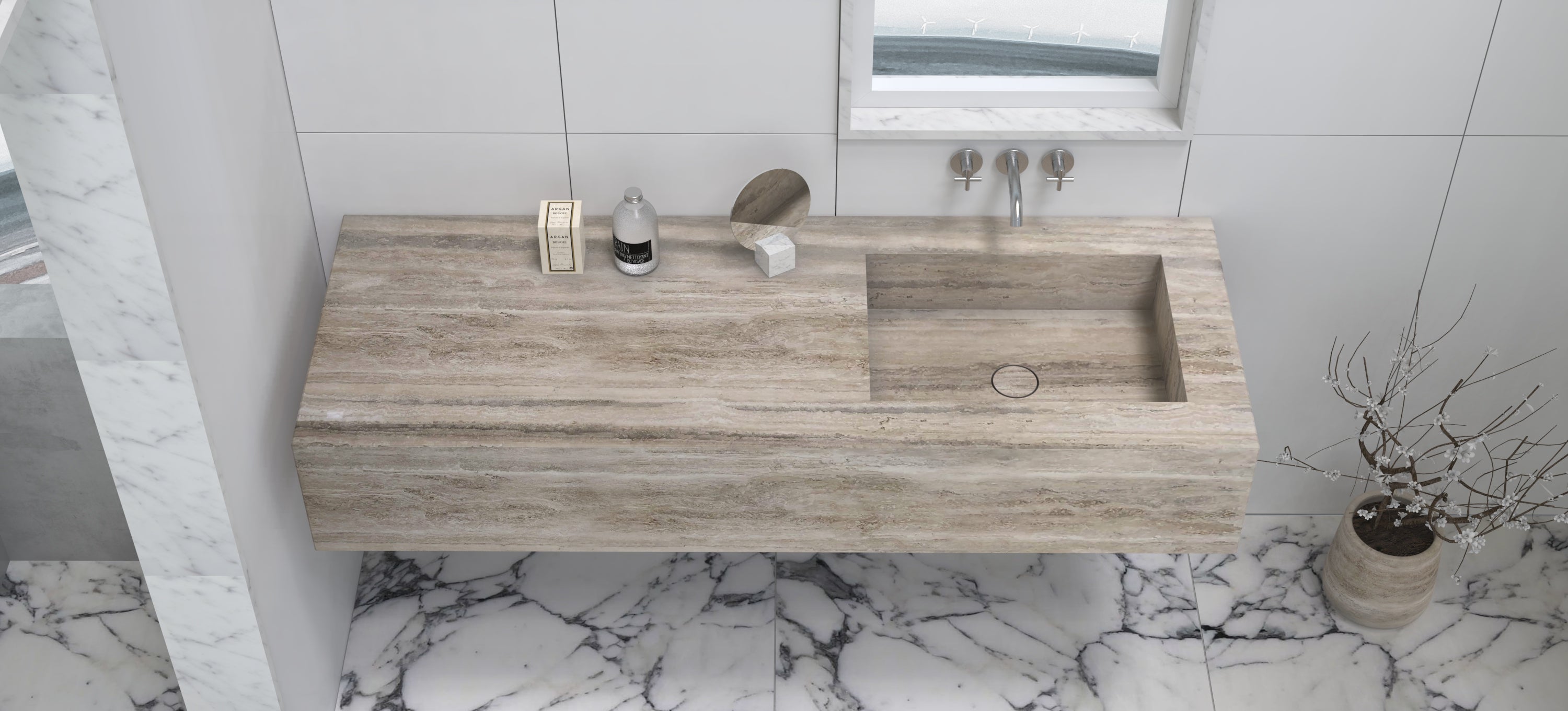 Talia Wall-Mounted Integrated Travertino Argento Trough Sink