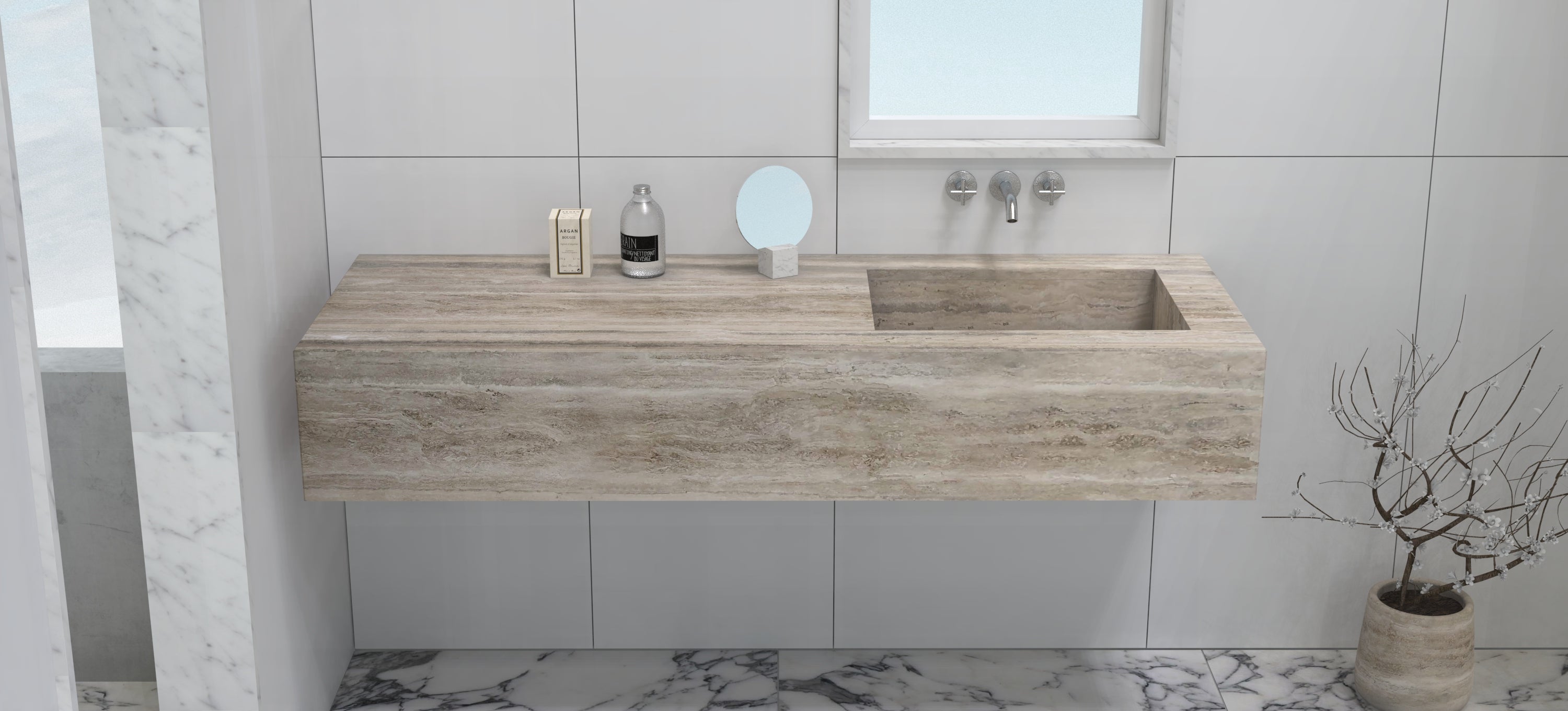 Talia Wall-Mounted Integrated Travertino Argento Trough Sink