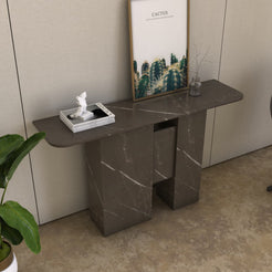 Detail view of the Thalia Bulgarian Gray marble console table with natural veining and carved form