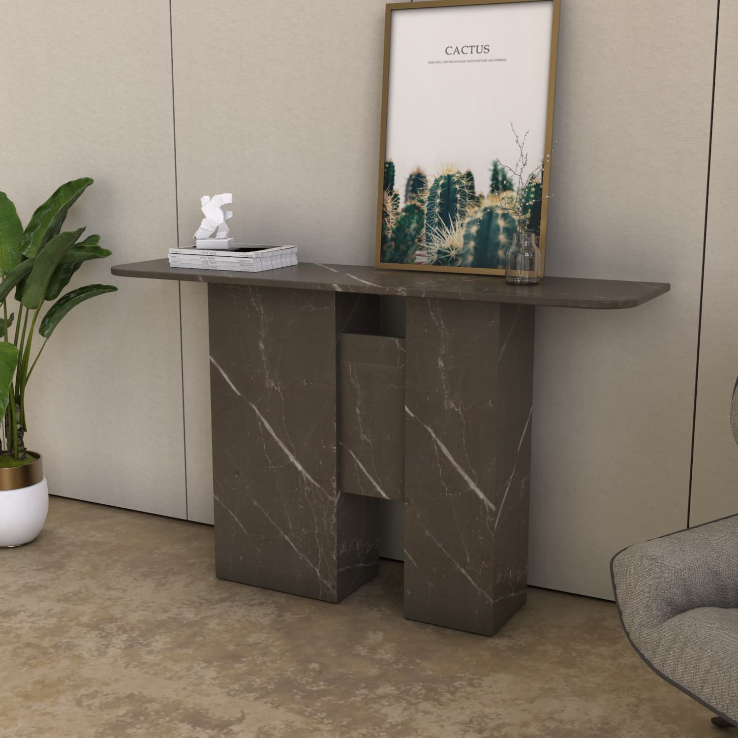 Front view of the Thalia carved marble console table with a sculptural Bulgarian Gray marble base