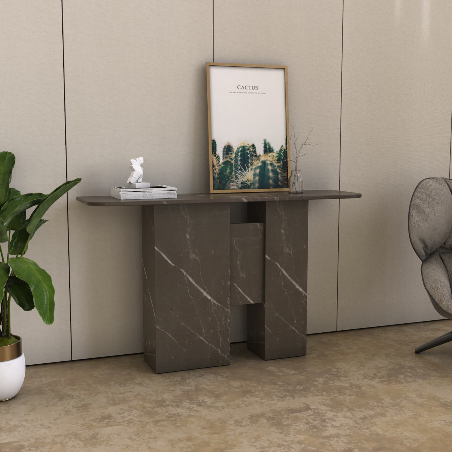 Bulgarian Gray marble console table styled with books and wall art in a modern living room