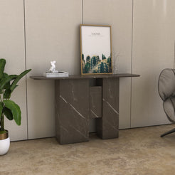 Bulgarian Gray marble console table styled with books and wall art in a modern living room