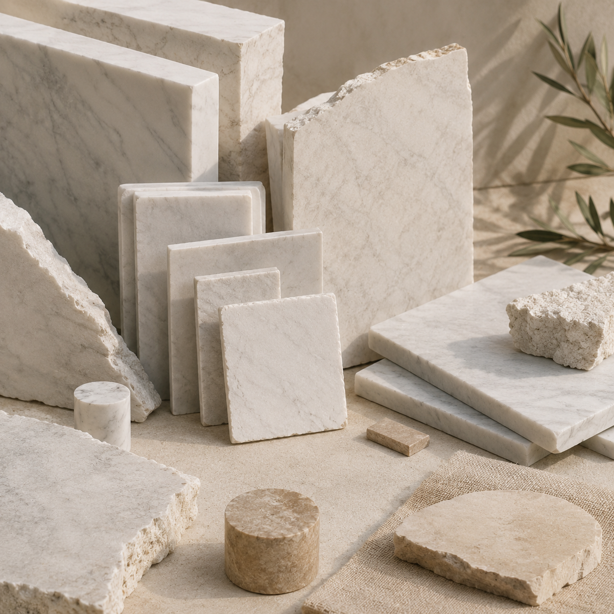 Natural stone samples and selected marble pieces showing thoughtful material use by OIXDESIGN