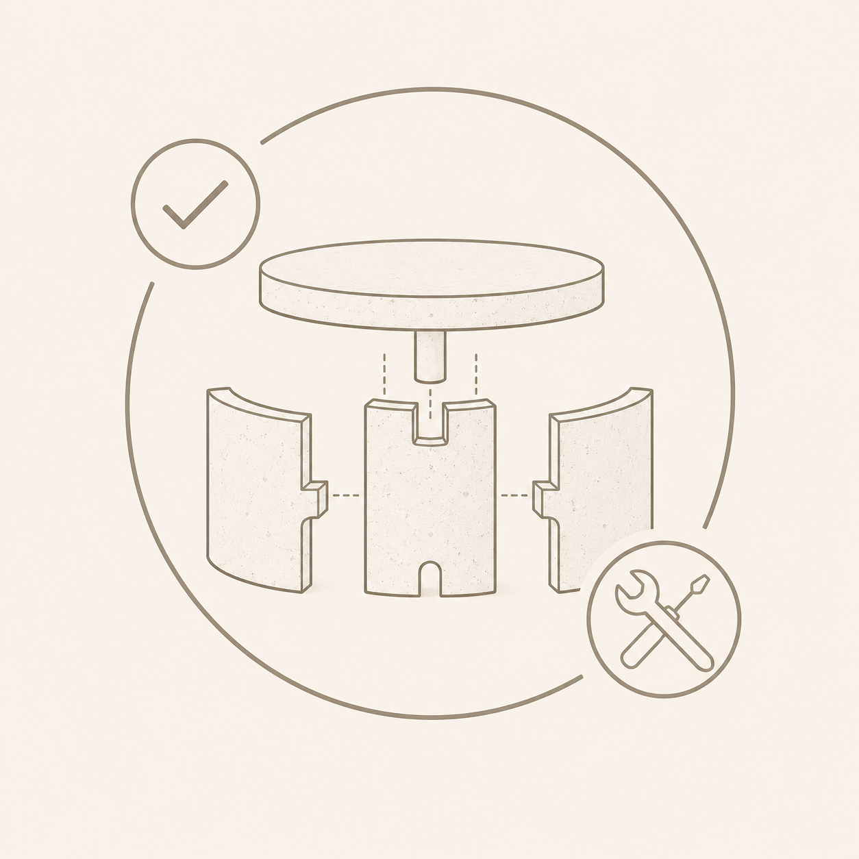 Minimal line icon showing a modular natural stone table assembled without tools, representing tool-free setup at OIXDESIGN.