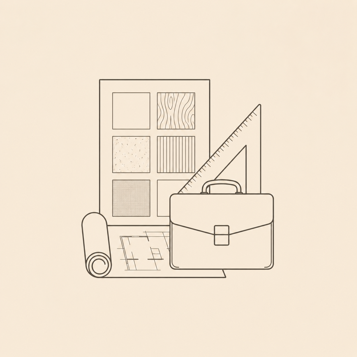 Minimal architectural tools and material board icon for OIXDESIGN trade and designer inquiries