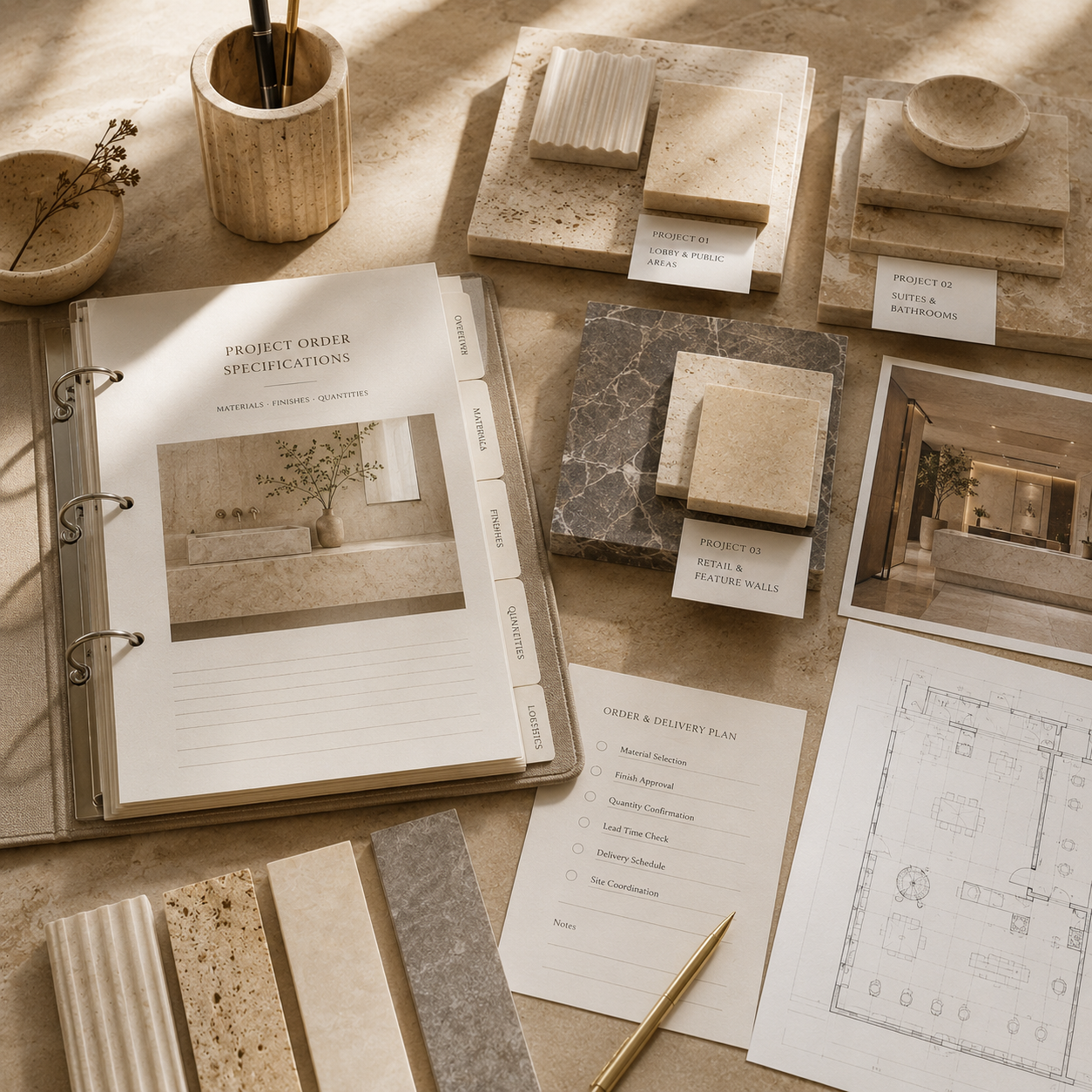 Neutral-toned architectural workspace for OIXDESIGN trade and project orders