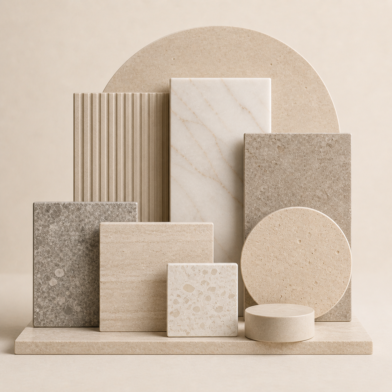 OIXDESIGN natural stone material samples showing marble, travertine, and project material flexibility