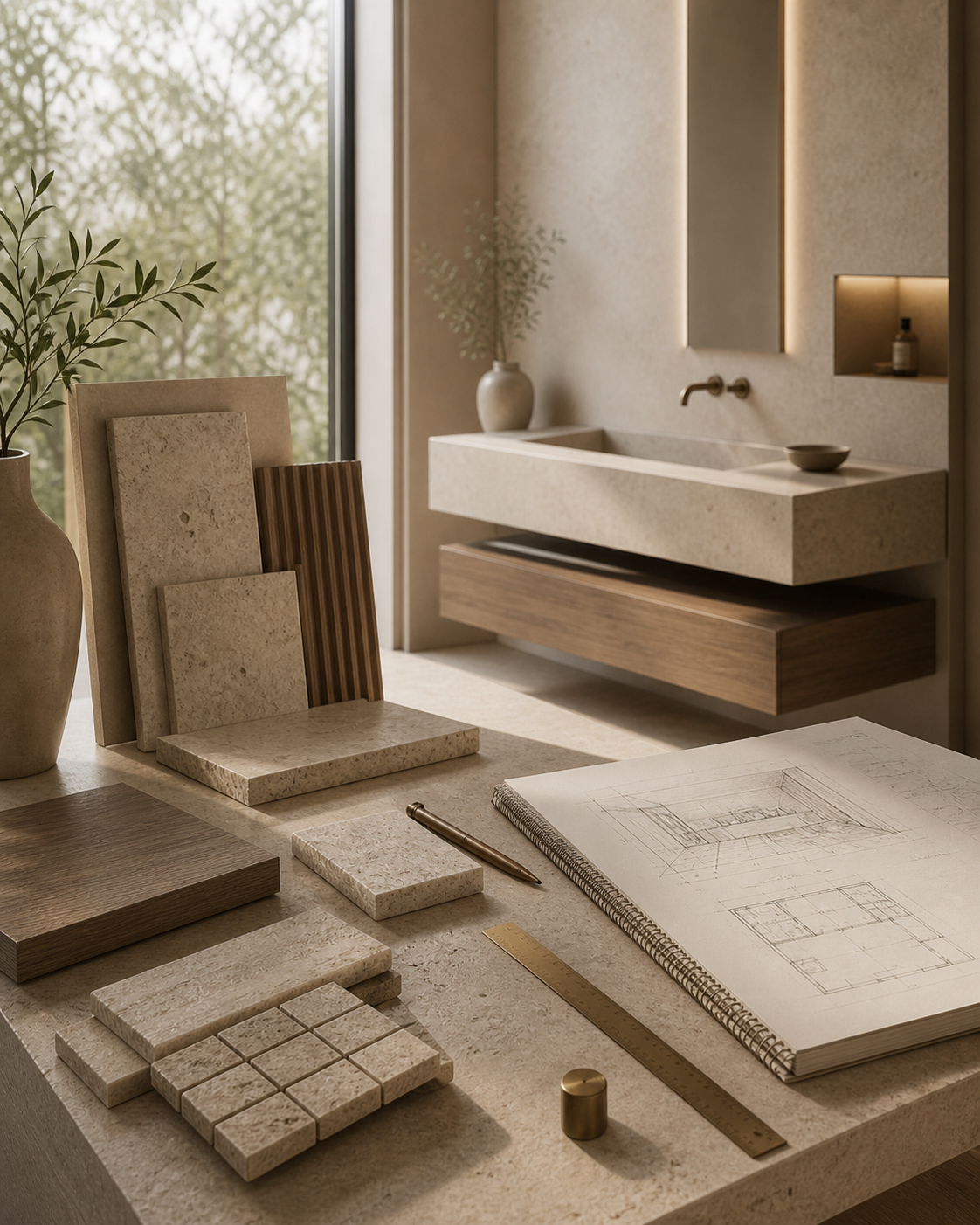 OIXDESIGN trade and project order material selection workspace with natural stone samples