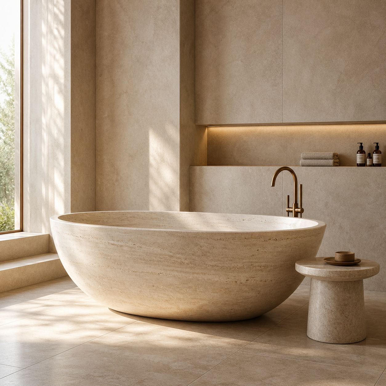 OIXDESIGN stone bathtub in a warm beige luxury bathroom interior